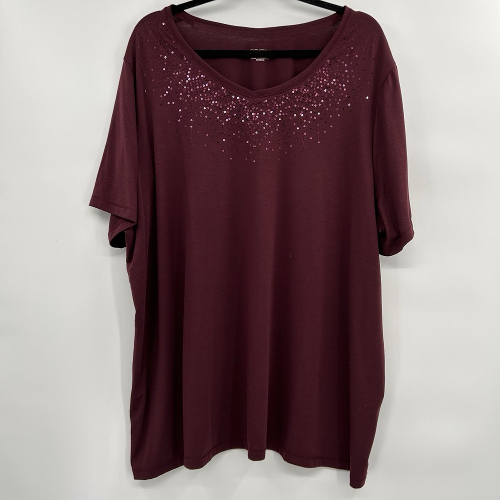 Catherines Womens Short Sleeve‎ Sequin V-Neck Top Size 2X 22/24W Burgandy Soft
